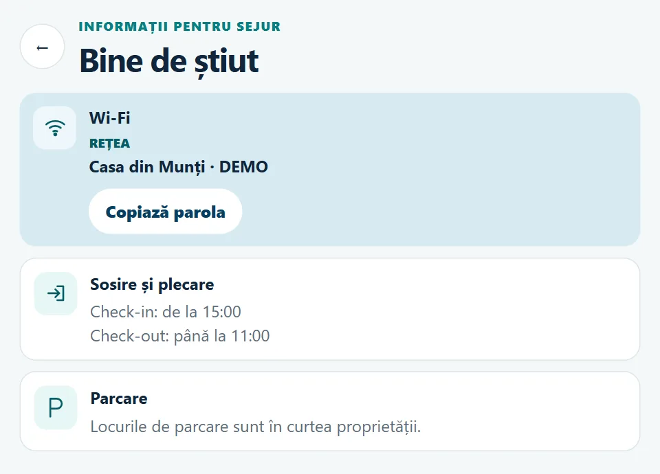 Interfața ghidului digital: Wi-Fi, ore de sosire și plecare și informații despre parcare, cu date demonstrative.