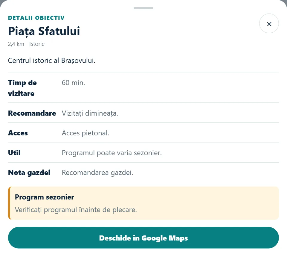 Detaliile unui obiectiv în ghidul digital: Piața Sfatului, cu distanță și informații utile pentru vizită, într-un exemplu demonstrativ.